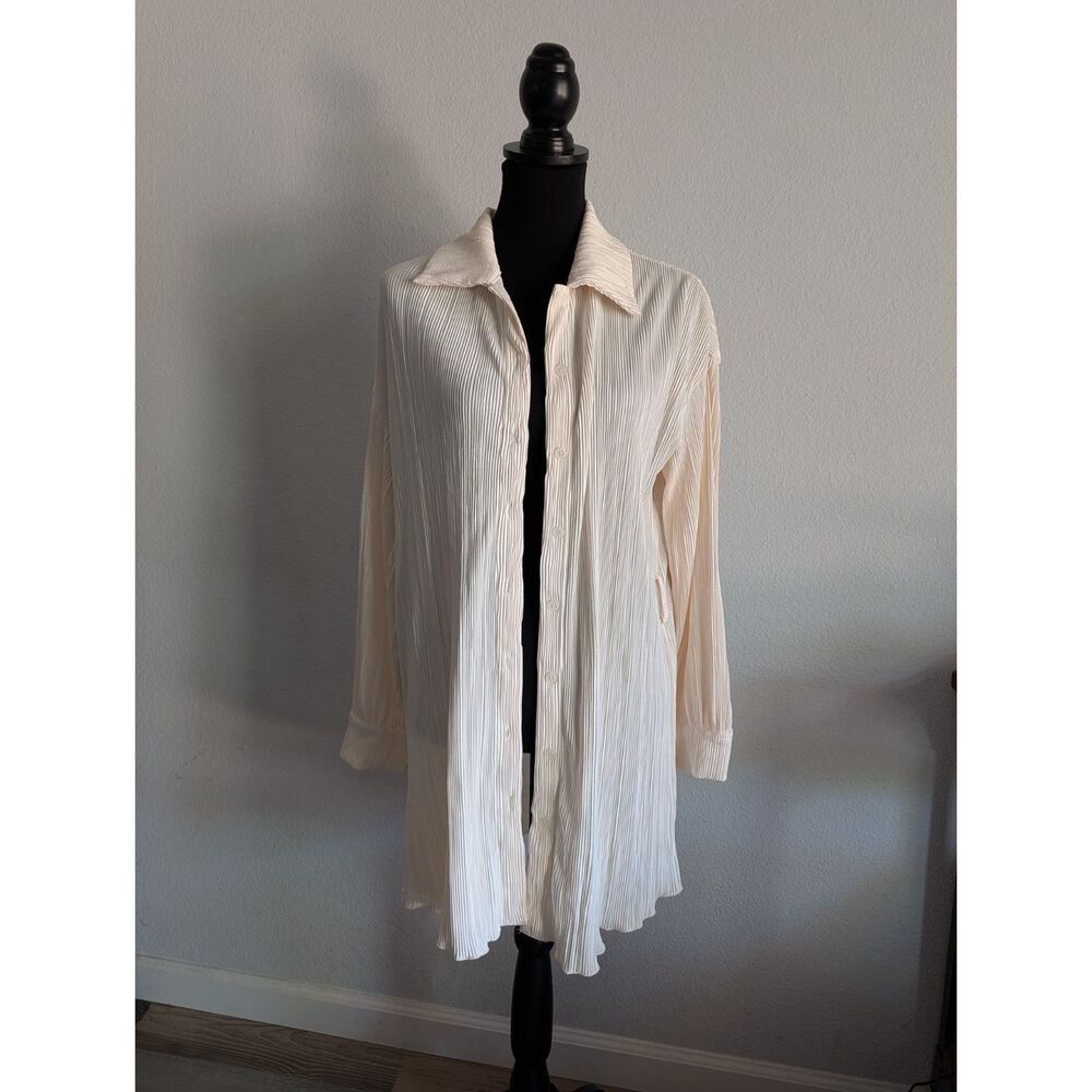 Pleated Button Front Blouse Women's Small Ivory Textured Career Top